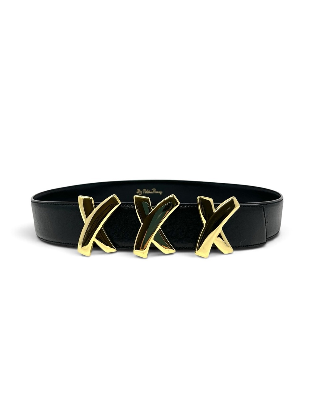 Vintage Paloma Picasso Wide Black Leather Belt And With Gold Triple X Buckle S
